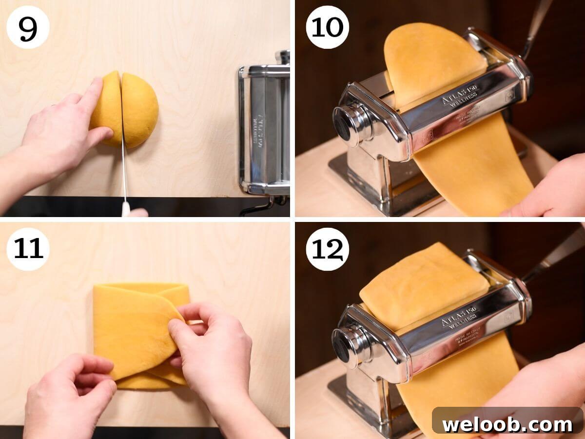 Four photos in a collage showing how to roll out pasta using a pasta machine.