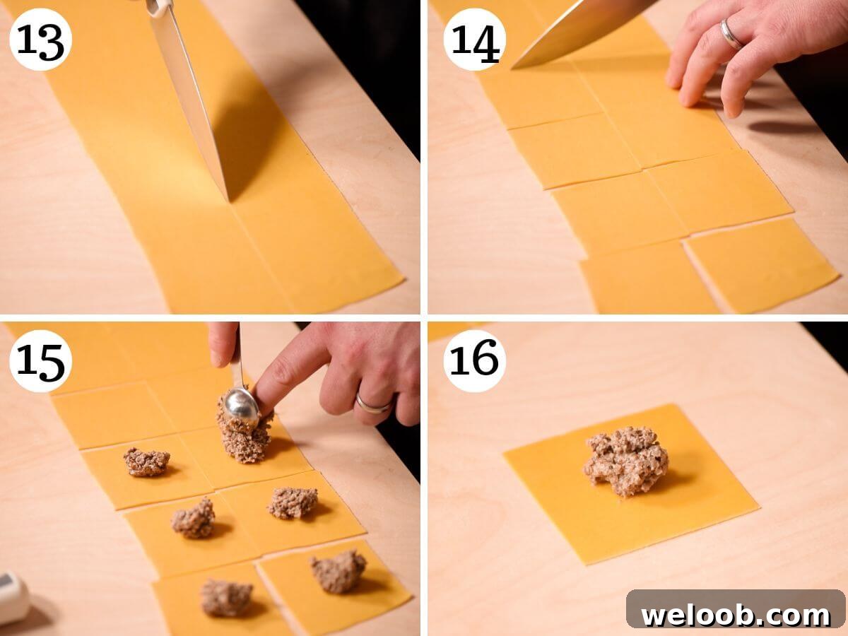 Four photos in a collage showing how to fill Triangoli pasta.