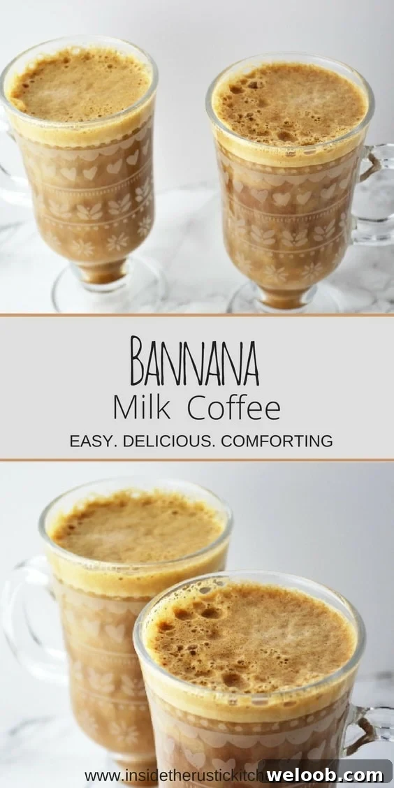 A collage image of banana milk coffee with text