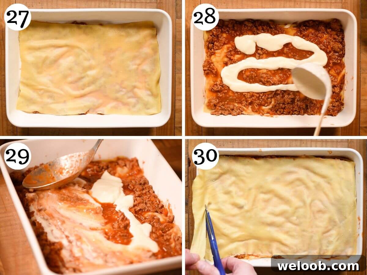 Four photos in a collage showing how to layer a lamb lasagna.