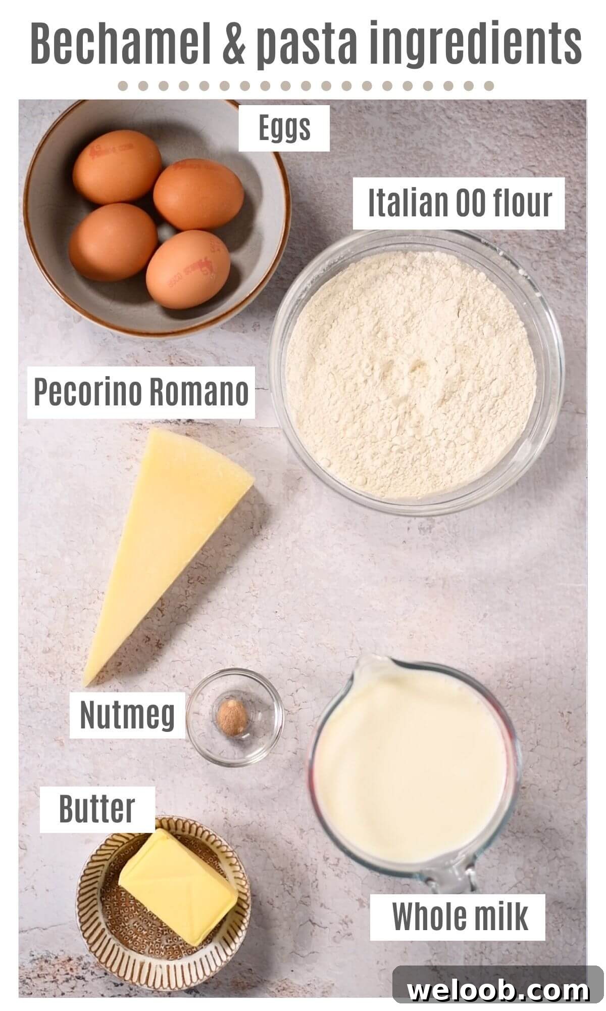 An overhead shot of all the ingredients you need to make bechamel sauce and homemade pasta dough.