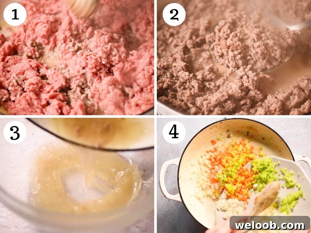 Four photos in a collage showing how to brown ground lamb, discard the fat and saute vegetables.