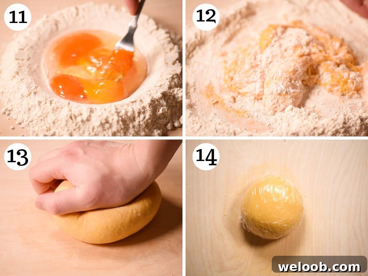 Four photos in a collage showing how to make homemade egg pasta dough for lasagna.