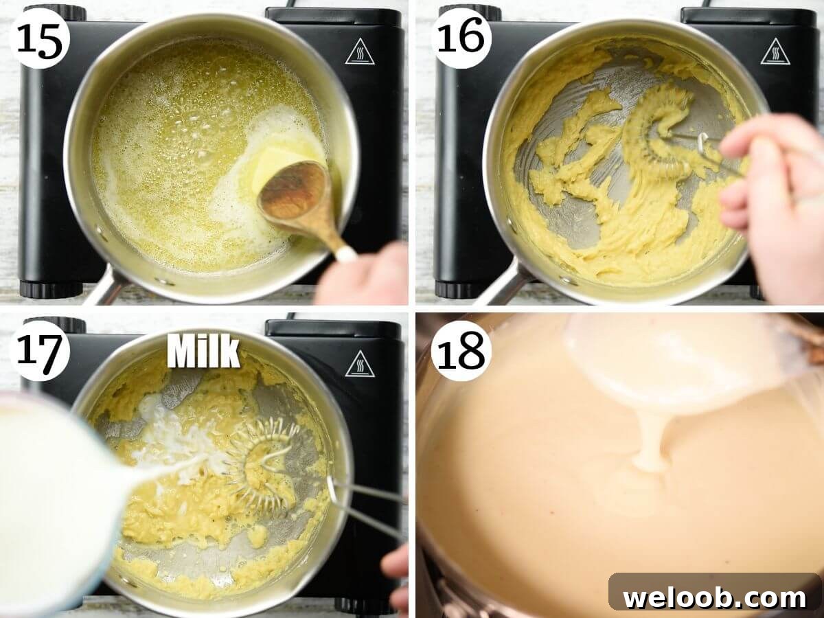 Four photos in a collage showing how to make bechamel sauce from scratch.