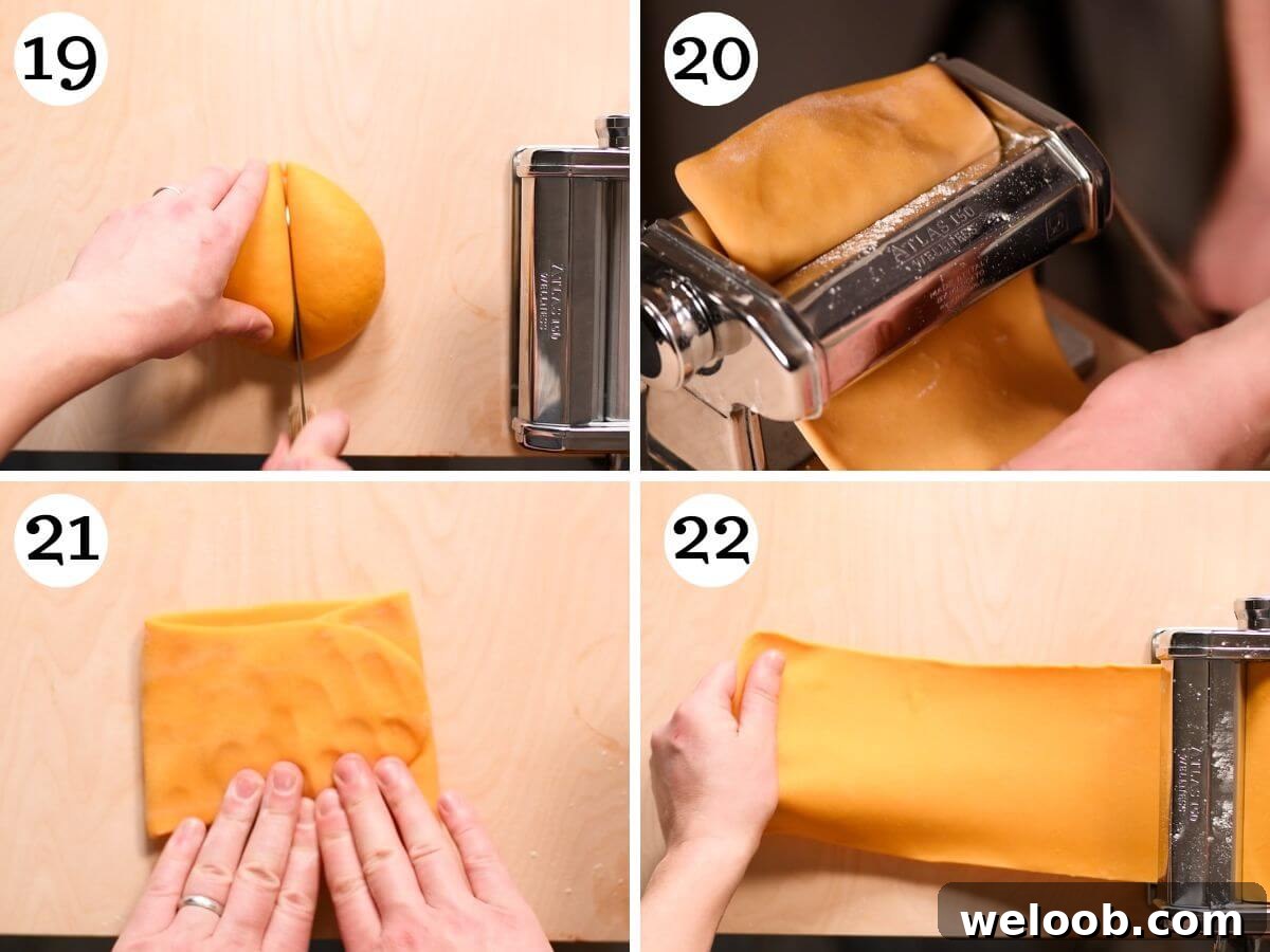Four photos in a collage showing how to roll out pasta dough.