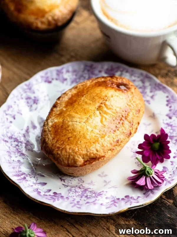 An Italian pastry called Pasticciotto on a small pink and white plate with pink flowers at the side.