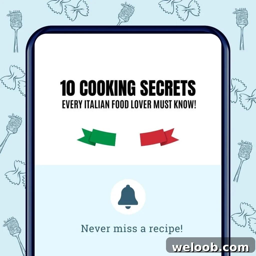 A graphic of a mobile phone that reads 10 cooking secrets every Italian food lover must know.