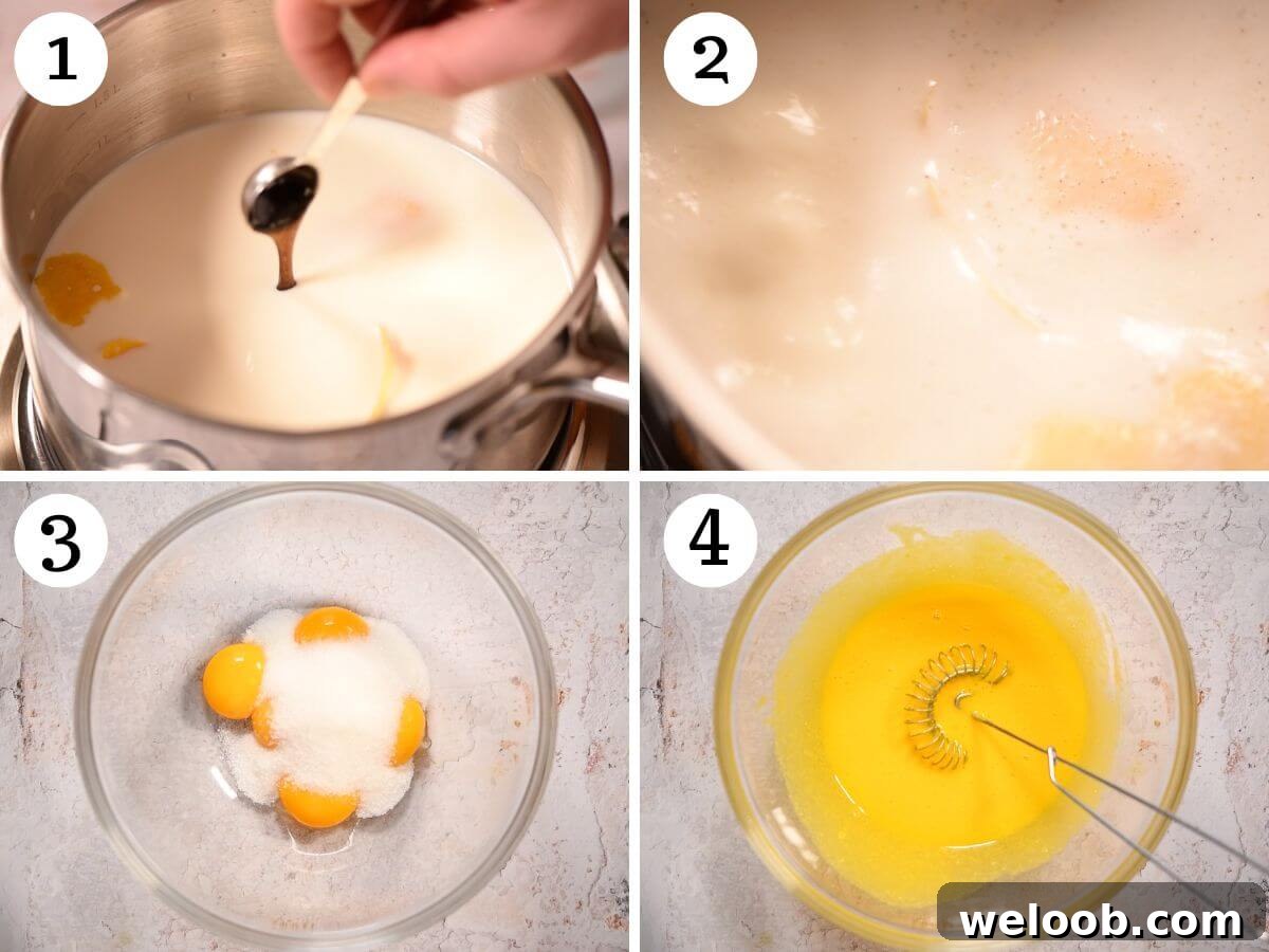Four photos showing how to heat milk and make an egg mixture for custard.