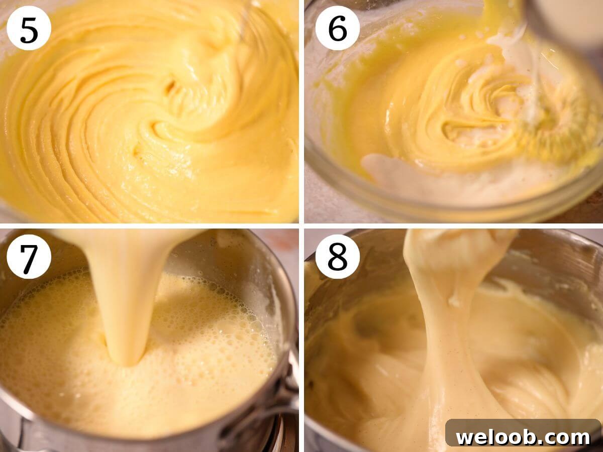 Four photos in a collage showing how to make a thick custard.