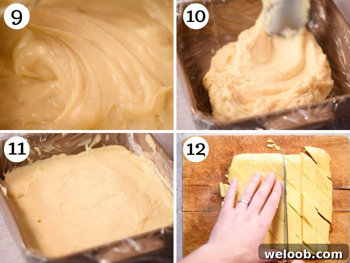Four photos in a collage showing how to set and cut custard.