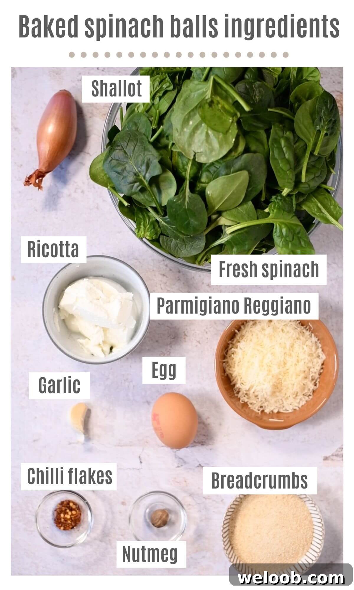 An overhead shot of all the ingredients needed to make baked spinach balls.