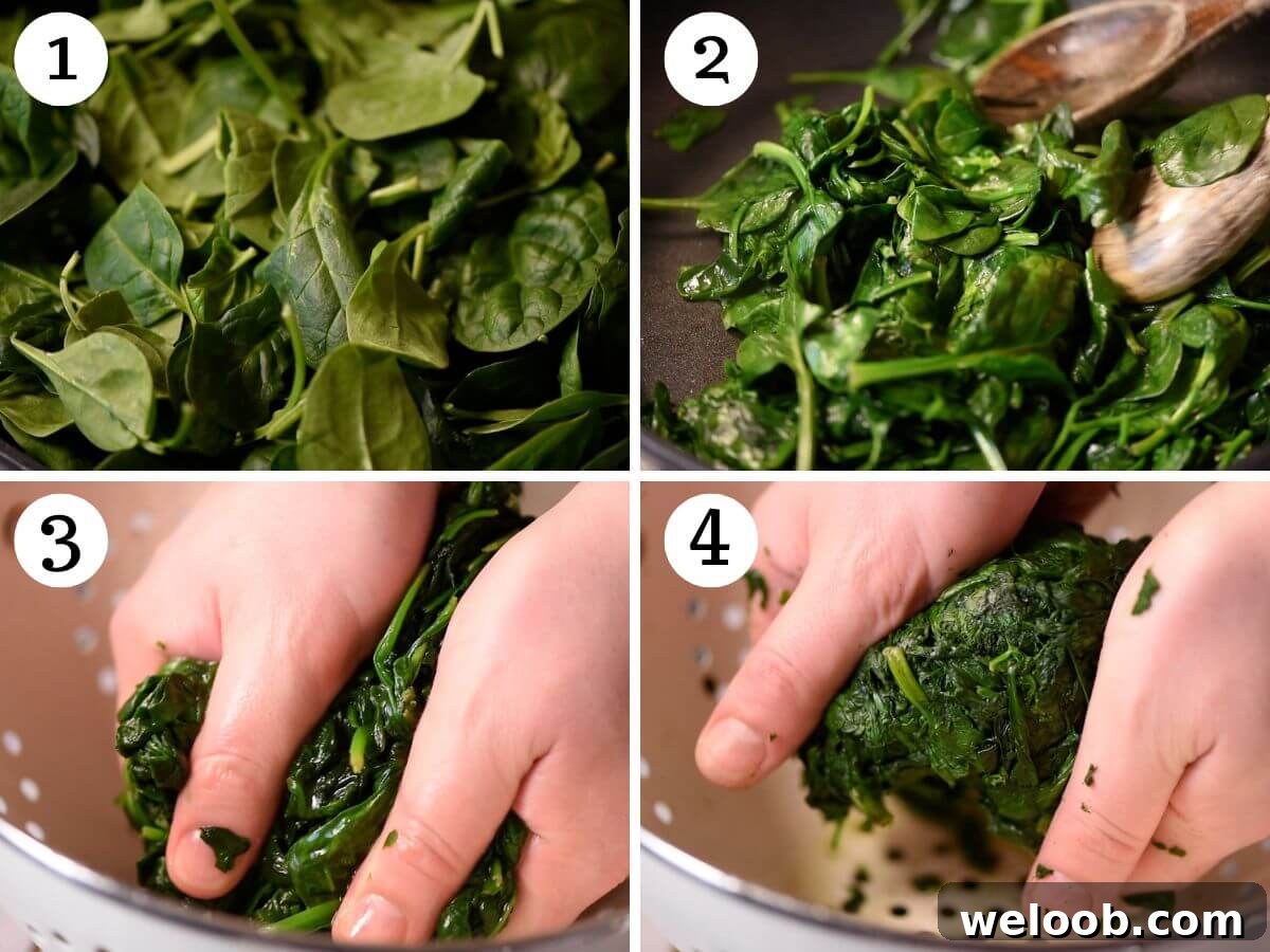 Four photos in a collage showing how to wilt and drain spianch.