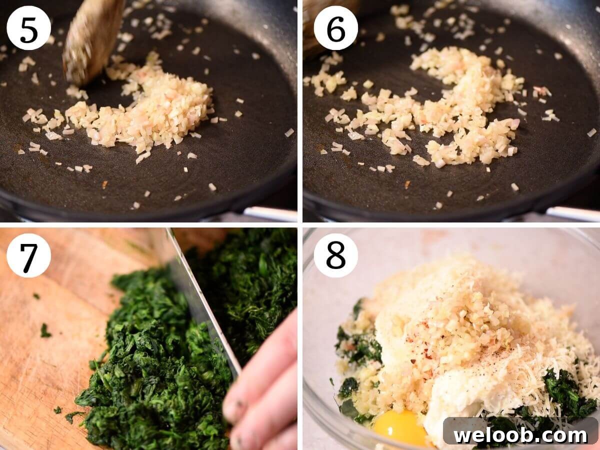 Four photos in a collage showing how to saute shallot and garlic, chop spinach and make the spinach ball filling.