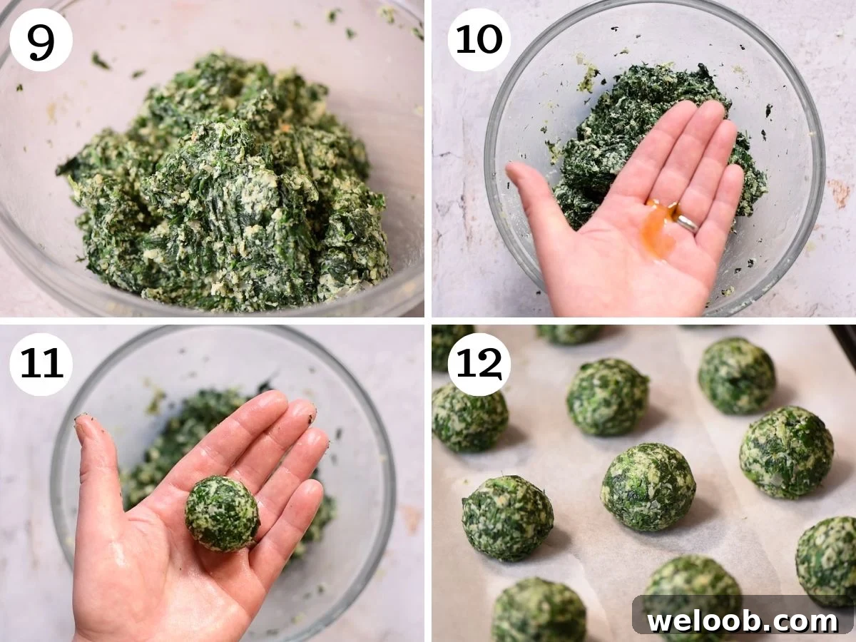 Four photos in a collage showing how to shape spinach balls.
