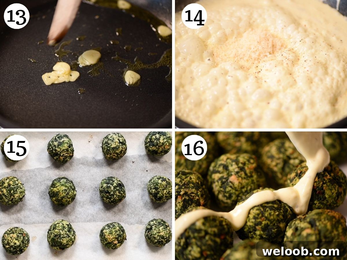 Four photos in a collage showing how to make parmigiano cream for spinach balls.