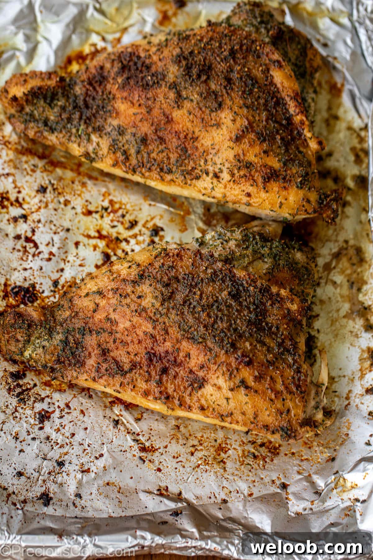 Roasted turkey thighs on a tray lined with aluminum foil.