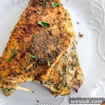 A large roasted turkey thigh on a plate.