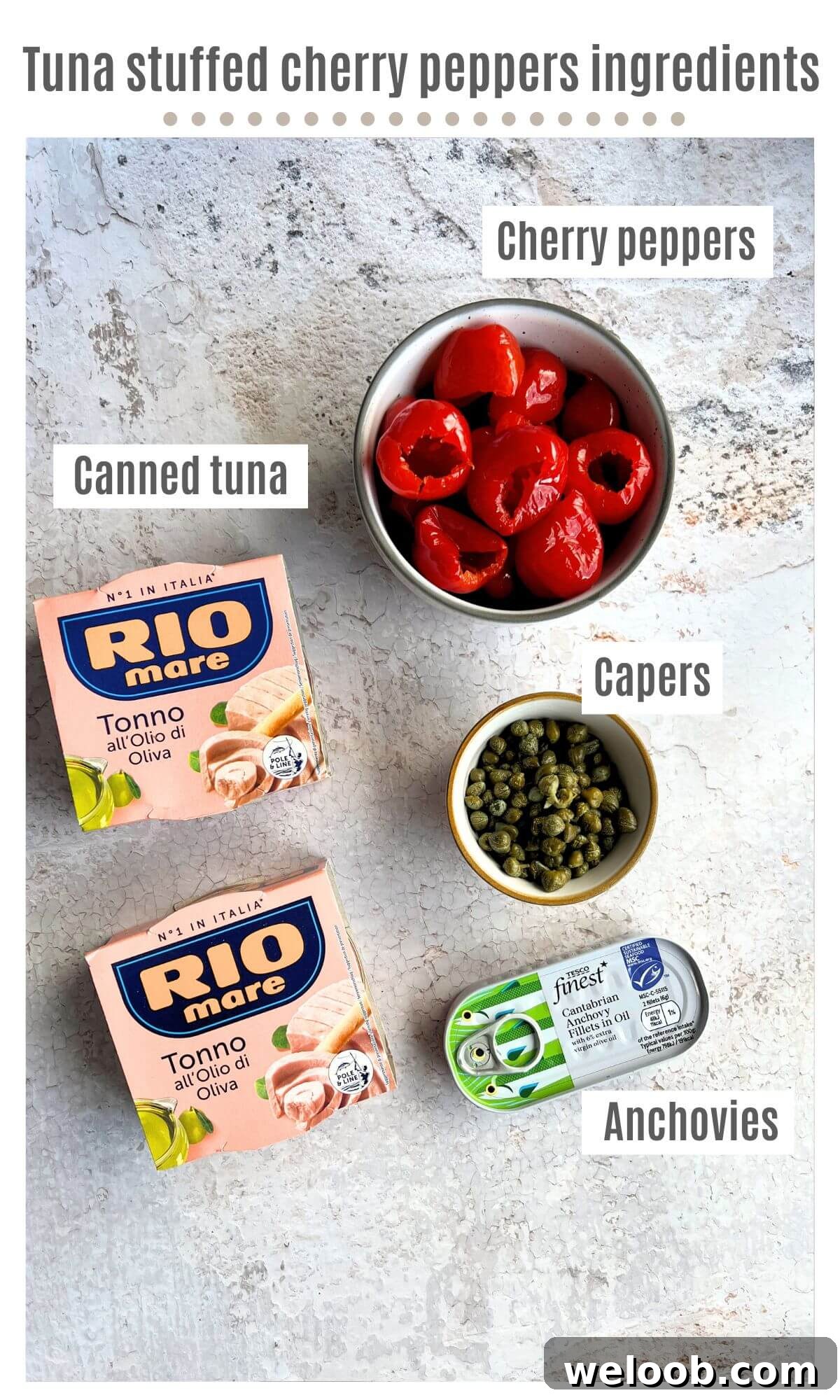 An overhead shot of all the ingredients you need to make tuna stuffed cherry peppers.