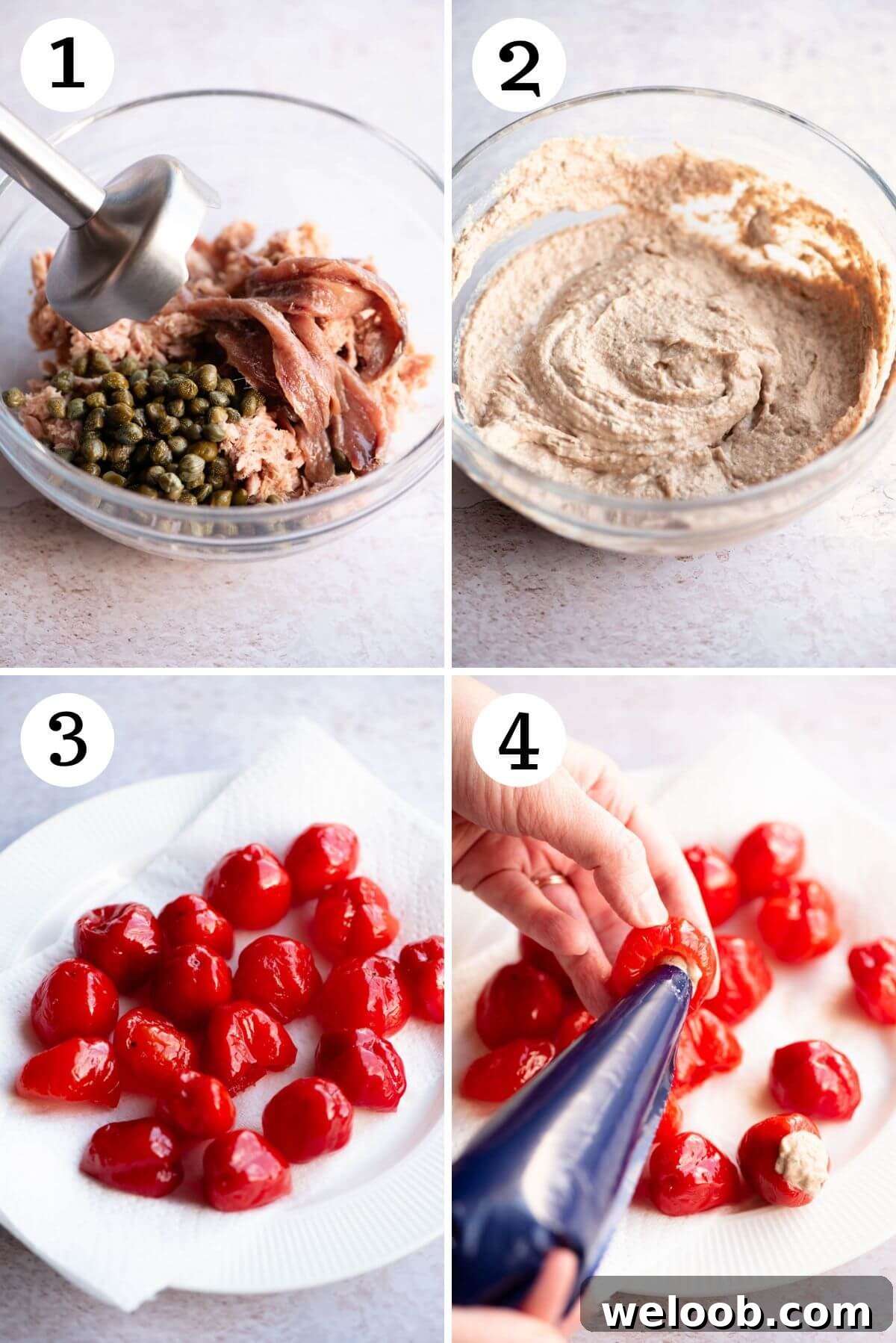 Four photos in a collage showing how to stuffed cherry peppers with a tuna mixture.