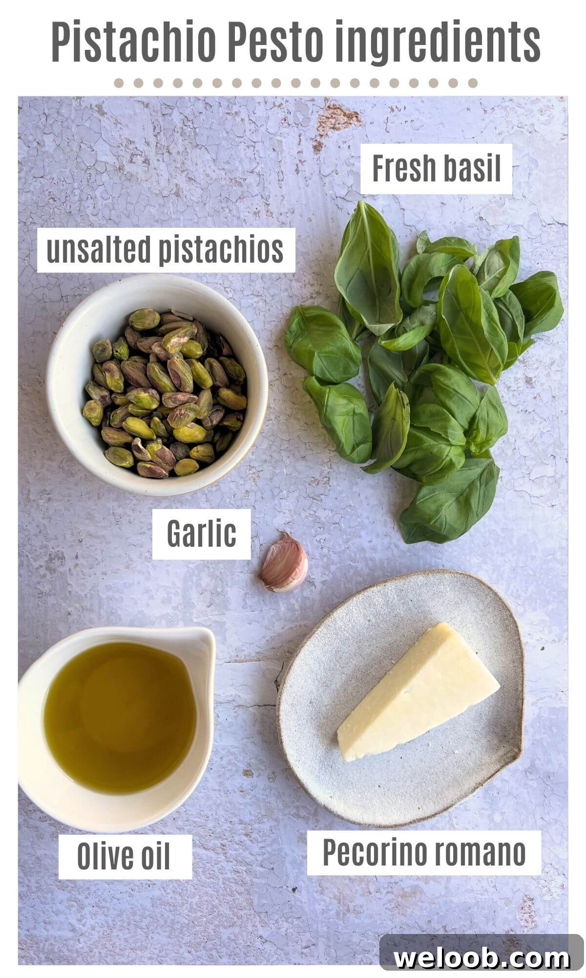 An overhead shot of all the ingredients needed to make pistachio pesto.