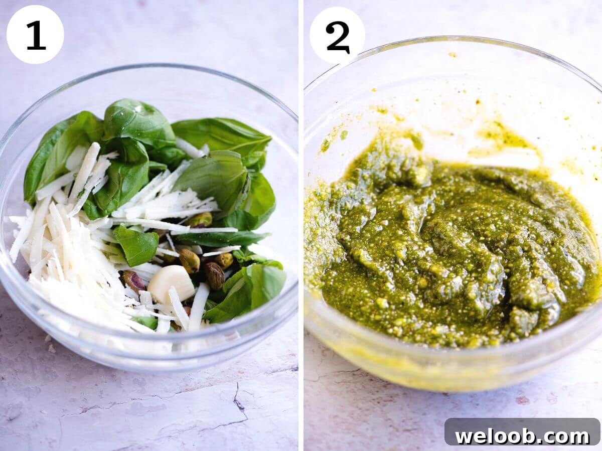 Two photos in a collage showing how to make pistachio pesto with an immersion blender.