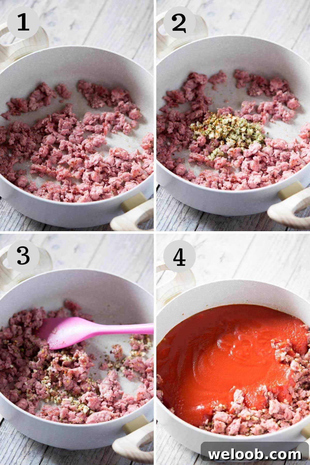 Step by step photos showing how to prepare the sauce for a sausage pasta bake