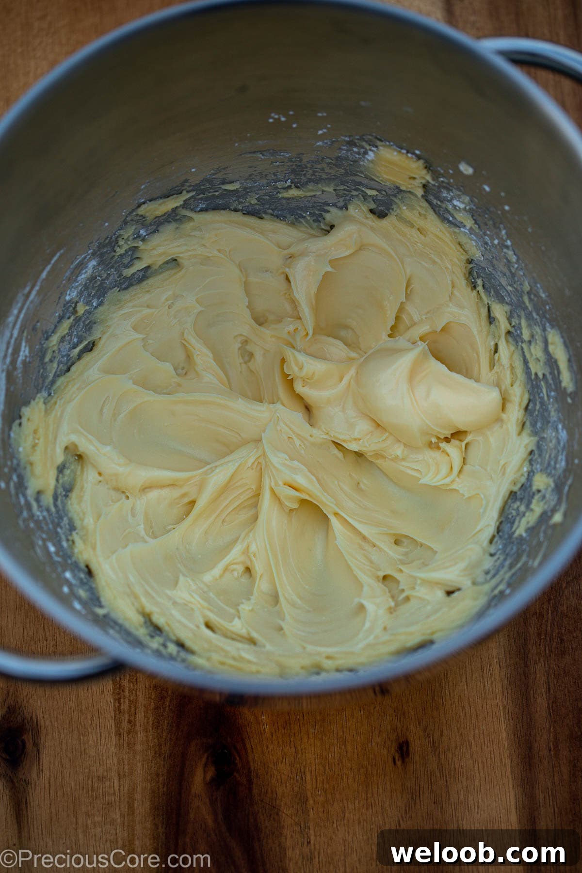 Butter and sugar creamed in the bowl of a stand-mixer.