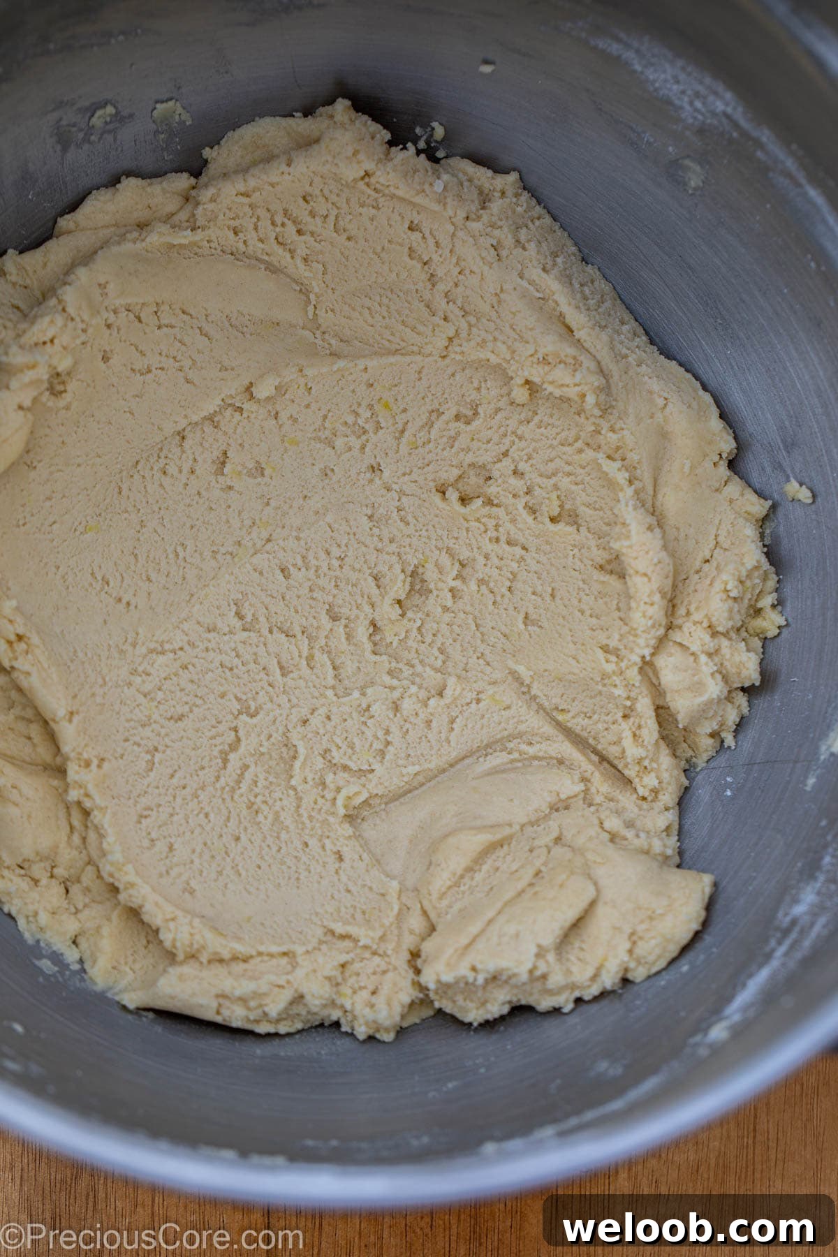 Shortbread cookie dough in a bowl.