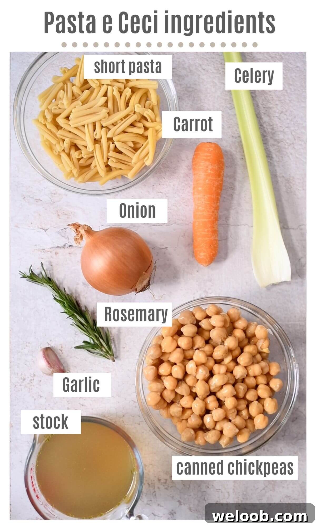 An overhead shot of all the ingredients needed to make Pasta e Ceci (pasta with chickpeas).