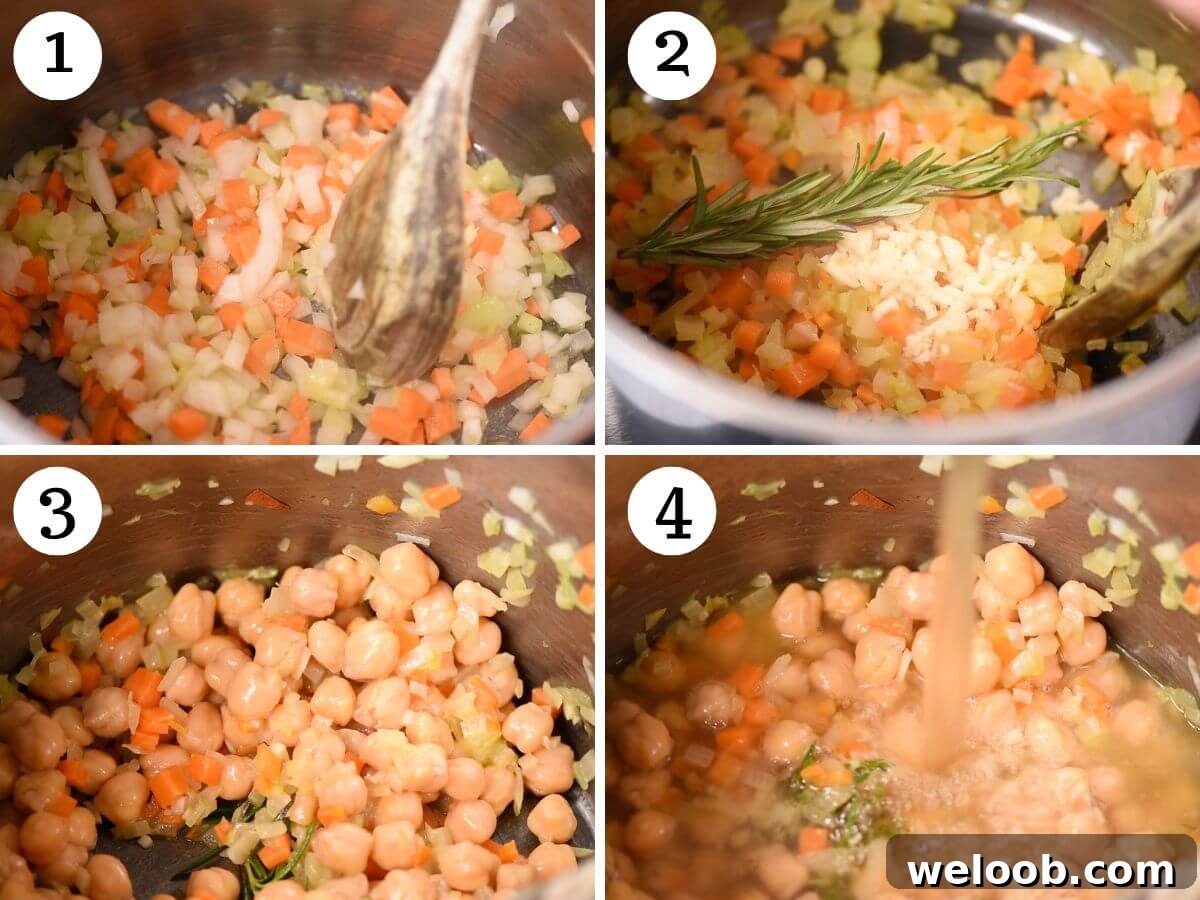 Four photos in a collage showing how to make a soffritto and add chickpeas and stock to soup.