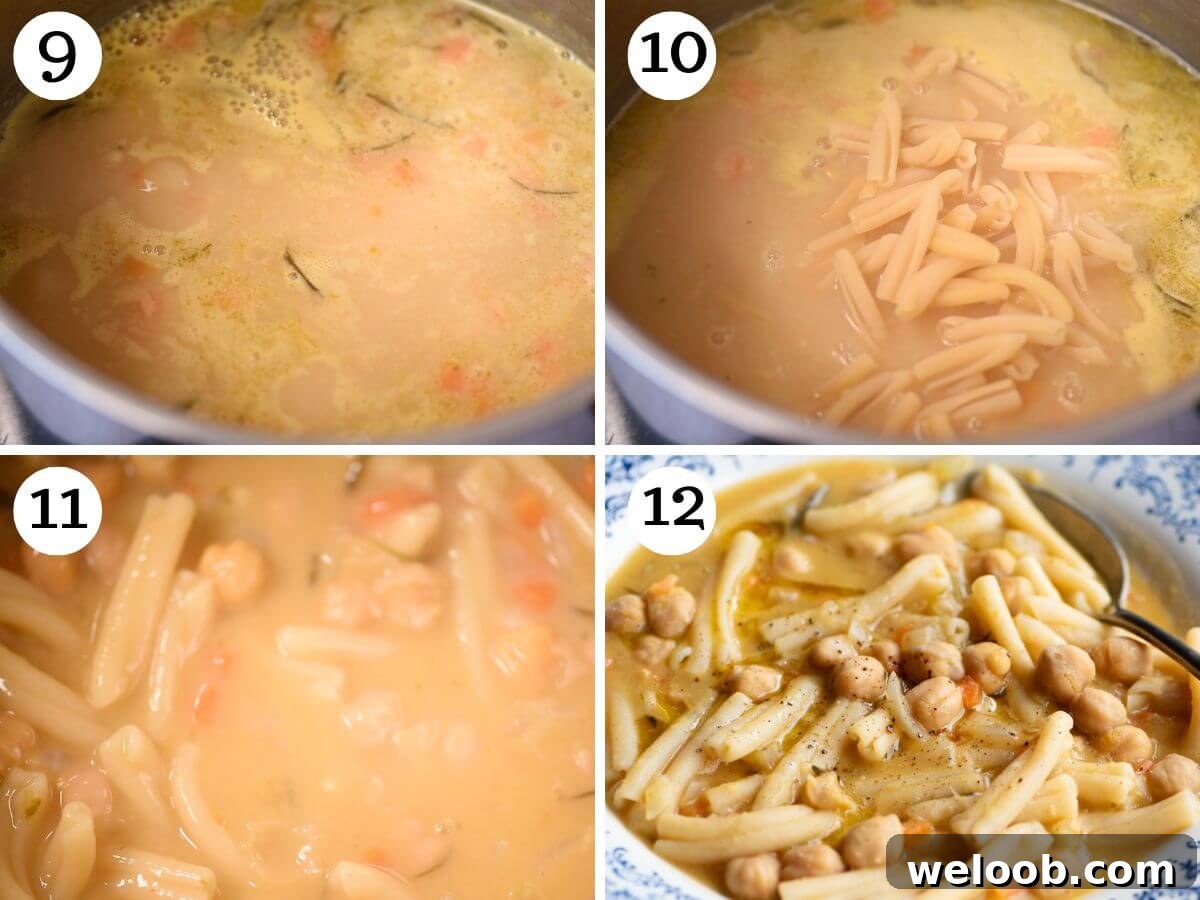 Four photos in a collage showing how to add pasta to pasta e ceci and serve it.