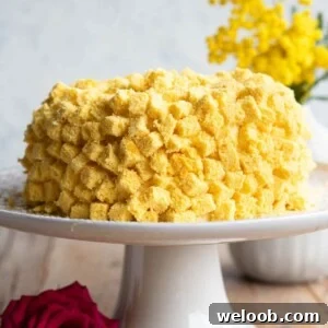 A close up cropped image of a mimosa cake on a cake stand.