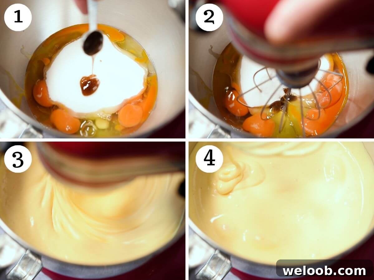 Four photos in a collage showing how to whip eggs, vanilla, salt and sugar in a stand mixer.