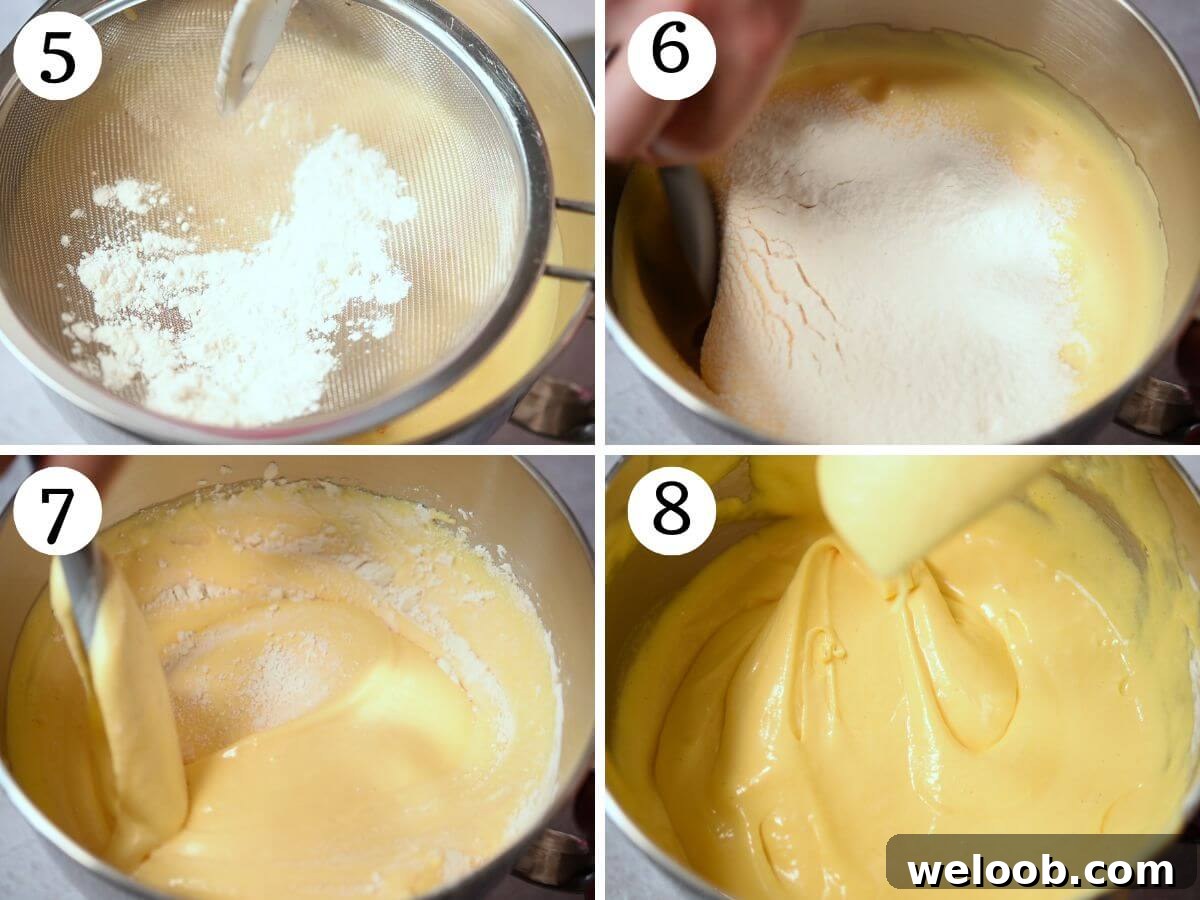 Four photos in a collage showing how to fold in flour to cake batter.