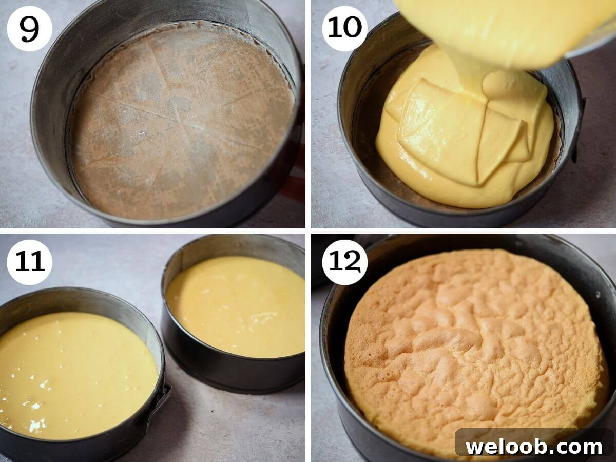 Four photos in a collage showing before and after baking the pan di spagna sponge for a mimosa cake.