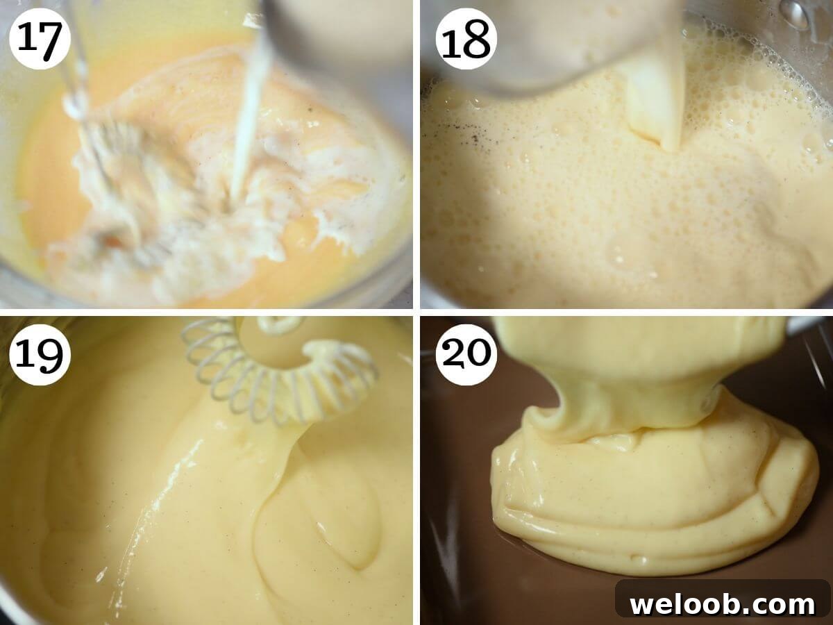 Four photos in a collage showing what cooked pastry cream looks like.