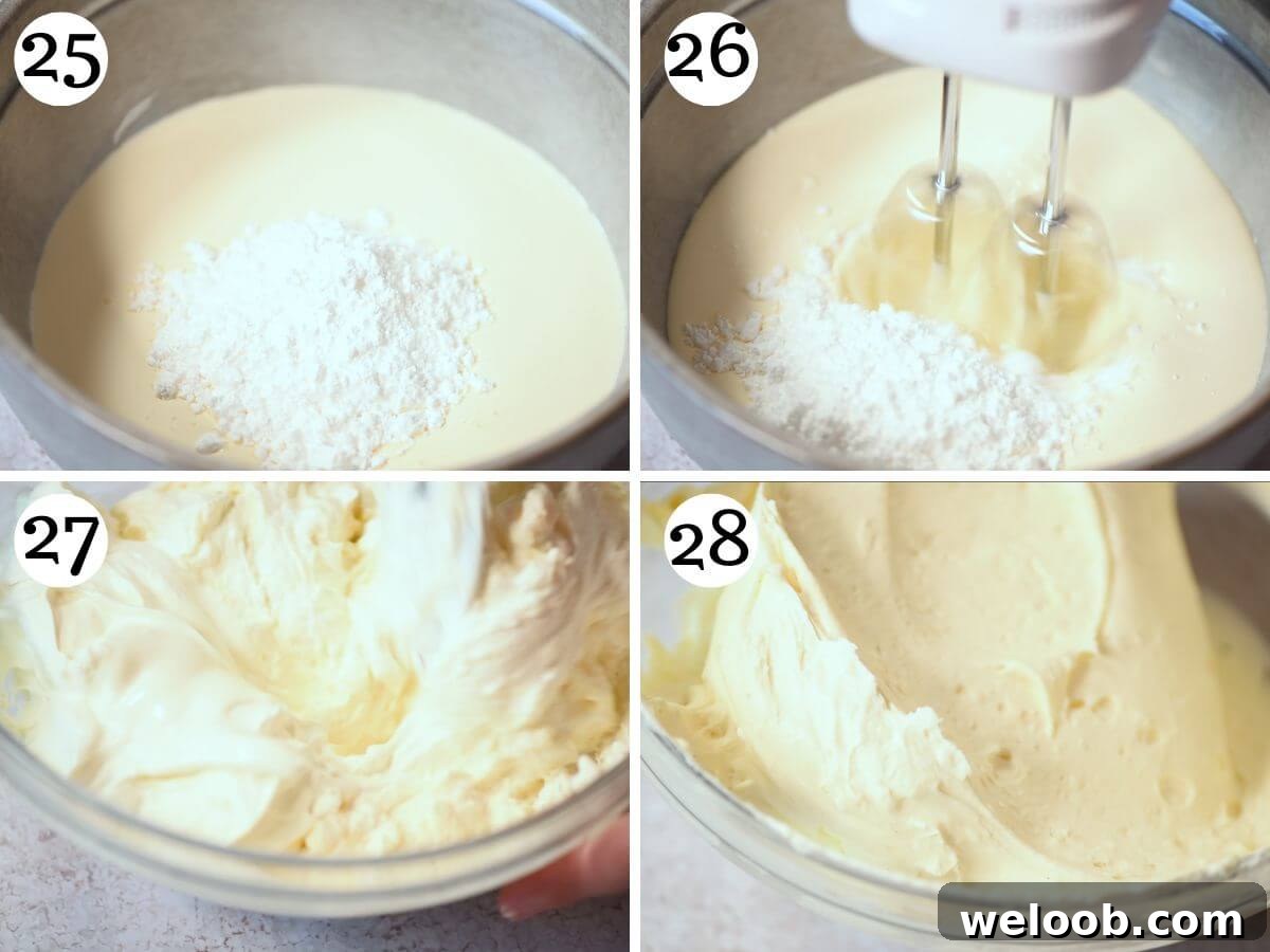 Four photos in a collage showing how to make Chantilly cream with pastry cream folded in.