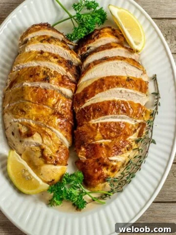 2 sliced baked turkey breasts on serving platter