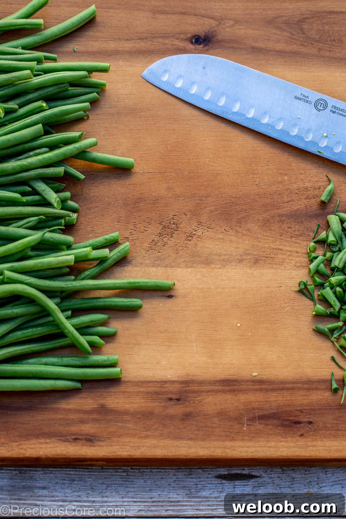 Garlic Butter Green Beans Recipe with Crispy Garlic 5 Cutting green beans on chopping board