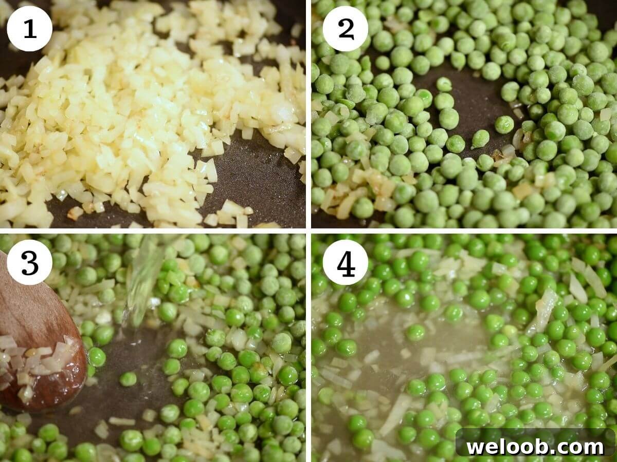 Four photos in a collage showing how to saute onions and peas.