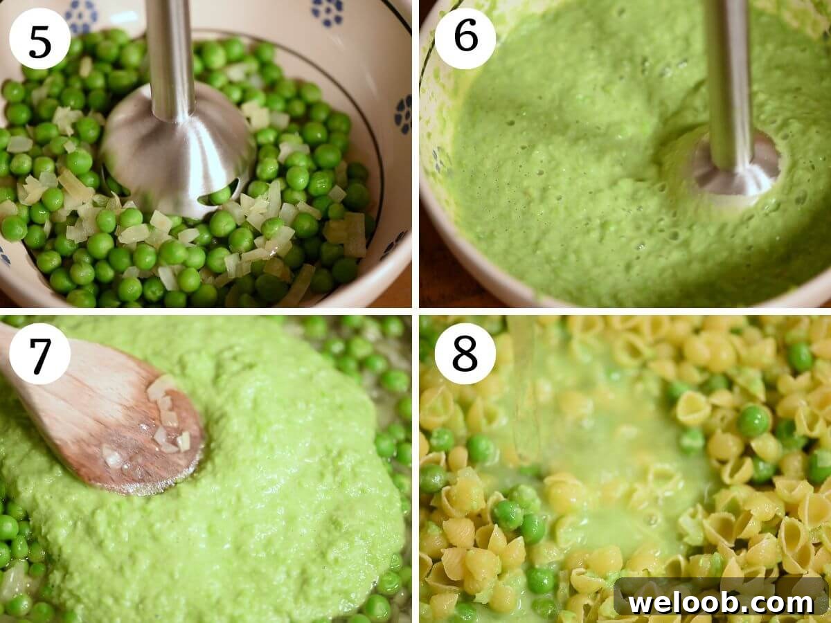 Four photos in a collage showing how to blend peas into a puree and add it to pasta.