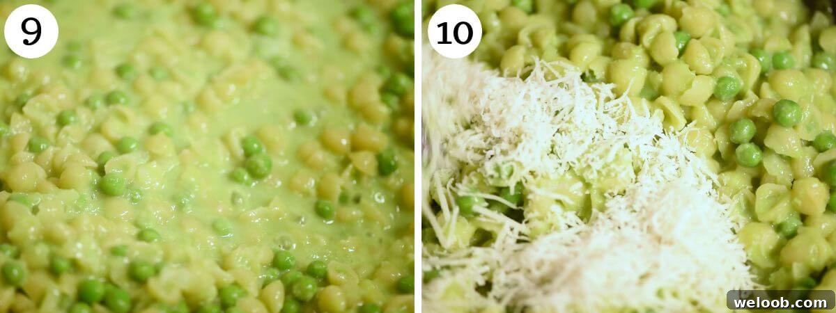 Two photos in a collage showing the finished result of pasta e piselli.