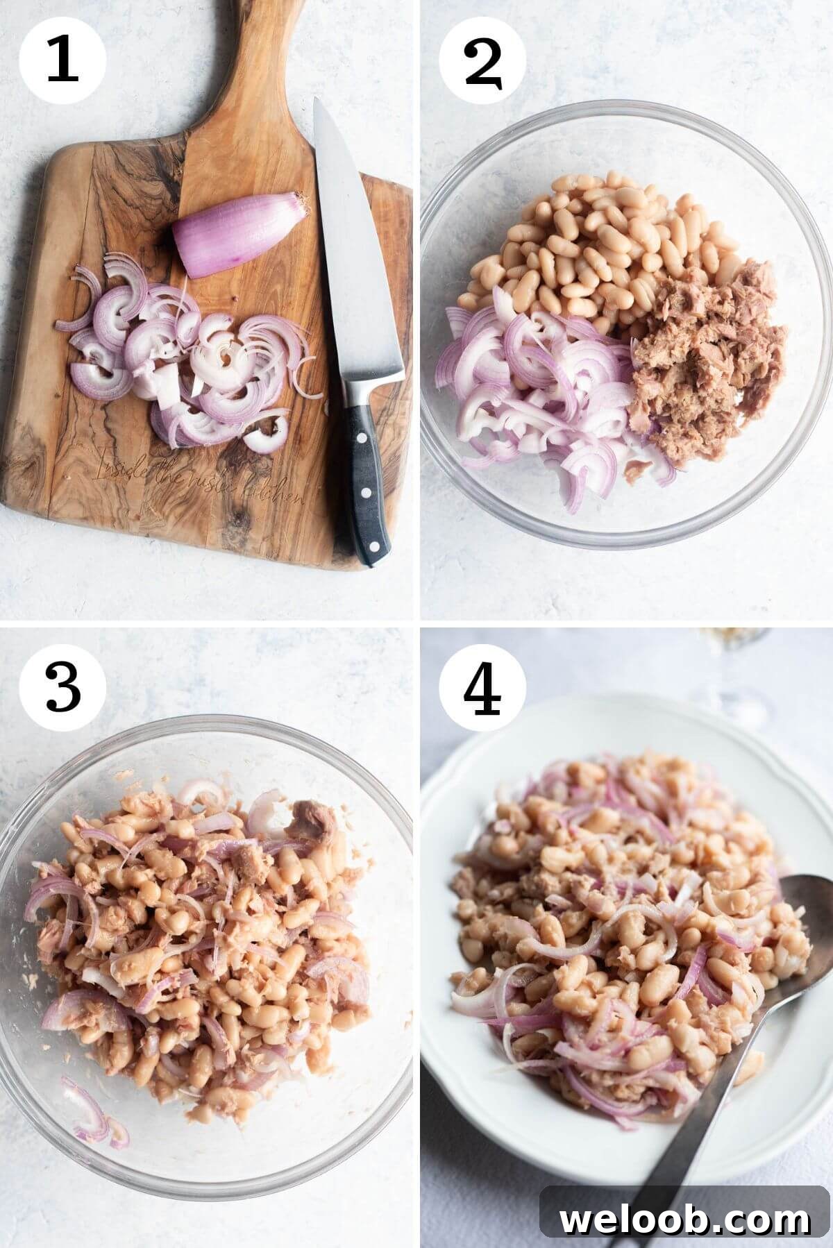 Four photos in a collage showing how to make a cannellini bean salad with tuna and onions.