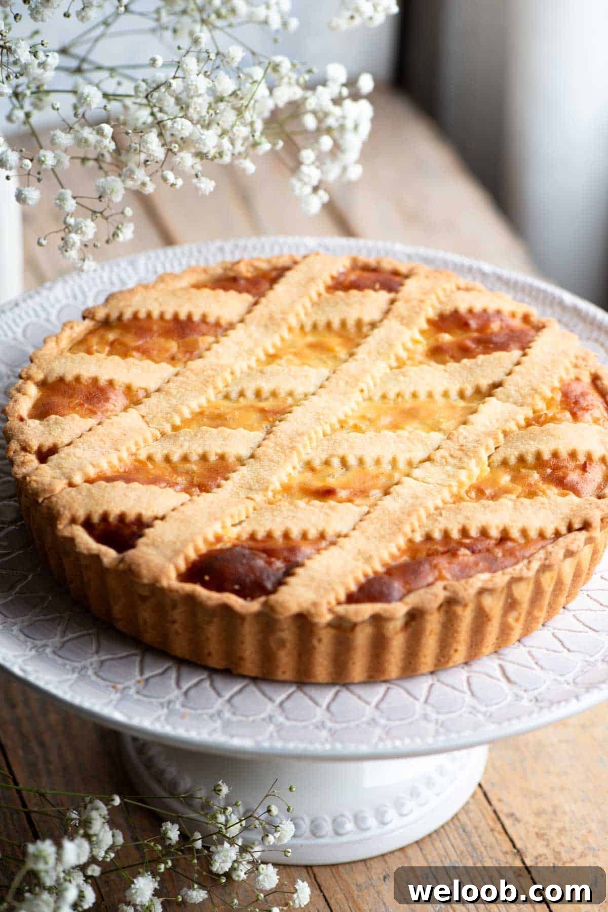 Pastiera Napoletana on a cake stand sitting on a wooden surface with white flowers at the side.