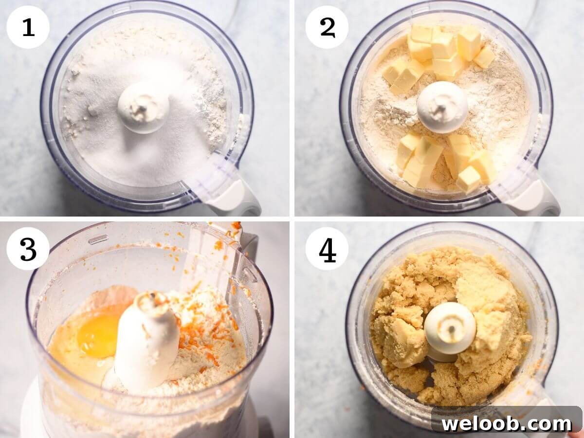 Four photos in a collage showing how to make shortcrust pastry in a food processor.