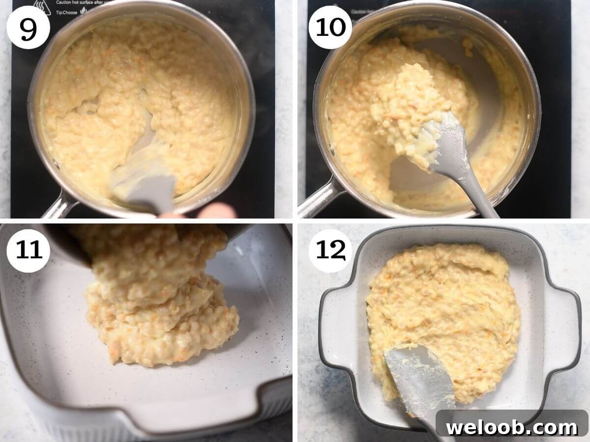 Four photos in a collage showing how to make the cooked wheat berry mixture for an Italian Pastiera Napoletana.