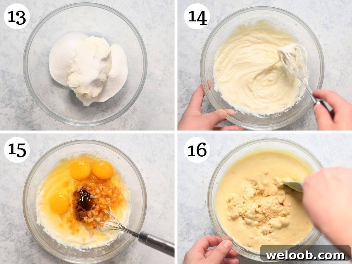 Four photos in a collage showing how to make the creamy ricotta filling for Pastiera Napoletana.