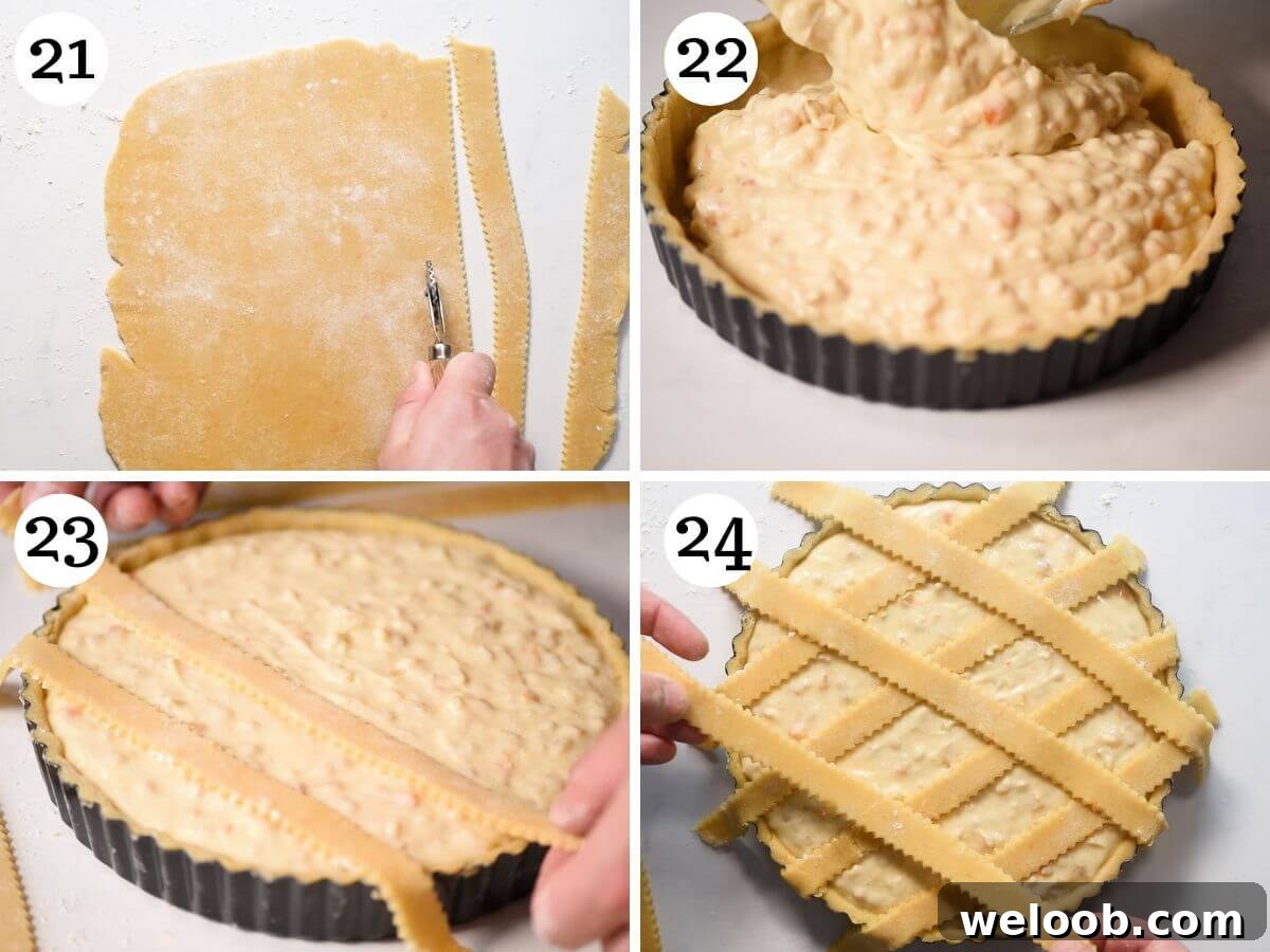 Four photos in a collage showing how to fill and assemble Pastiera Napoletana.