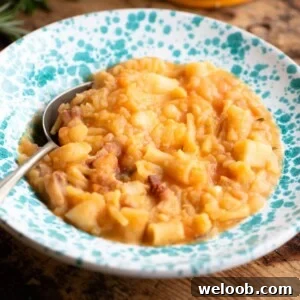 A cropped image of Pasta e Patate in a blue speckled bowl.
