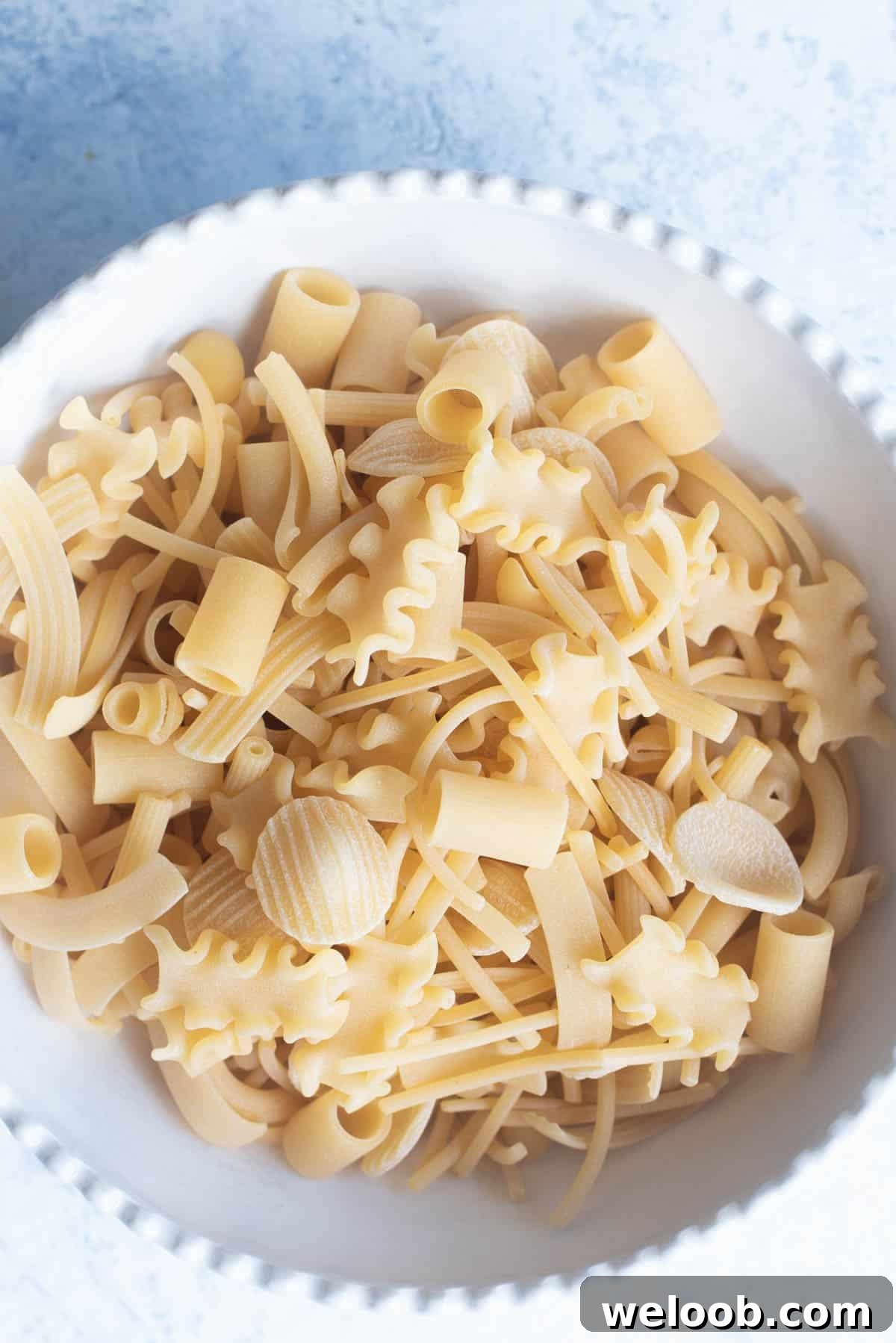 A close up of pasta mista (mixed pasta) in a bowl.
